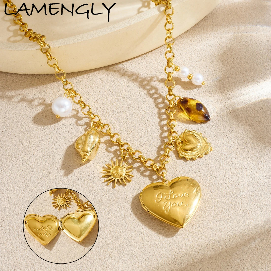 

LAMENGLY 316L Stainless Steel Creative Design Can Opened Heart Pendant Necklace Pearl Sun Charm Lady Valentine's Day Gift Joyas