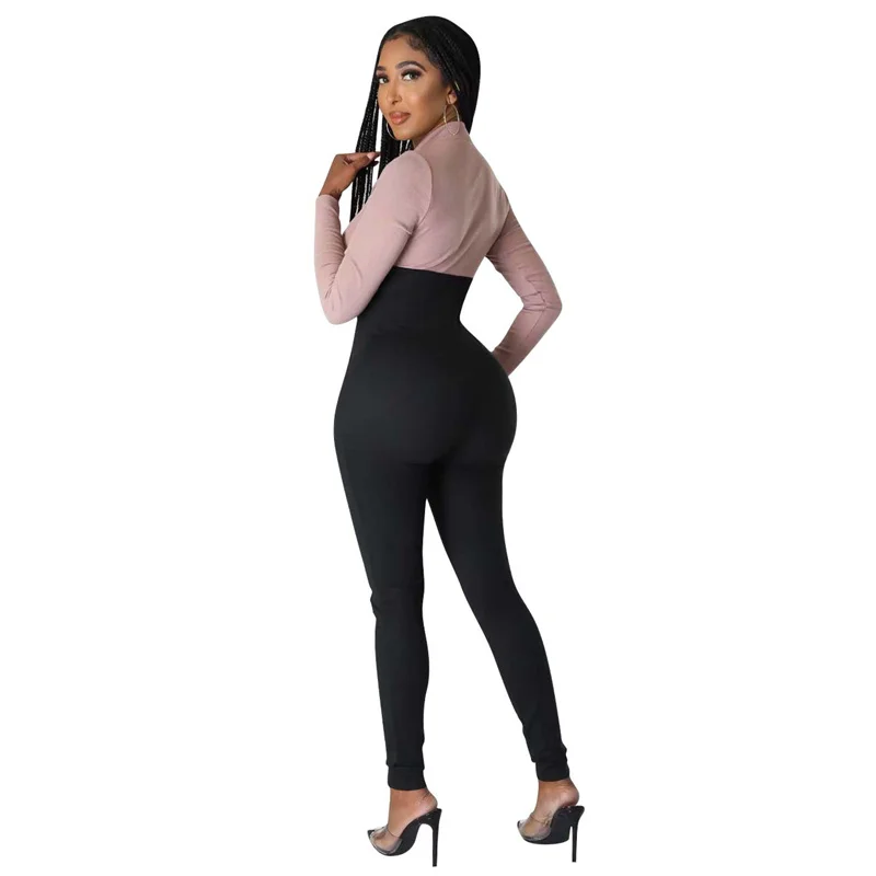 Night Party Club Color Block Patchwork Bodycon Bandage Birthday Jumpsuits Women Zip Long Sleeve Rompers Womens Jumpsuit Elegance