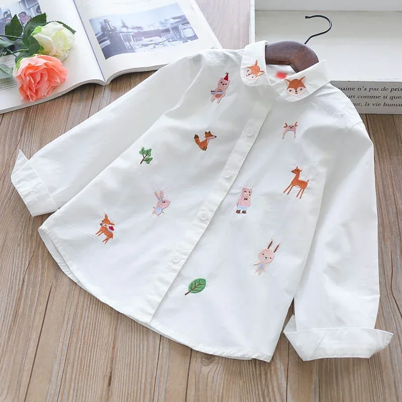 100% cotton White Girls Blouses Long Sleeve Autumn 2023 Kids Clothes Girls 8 10 12 Cartoon Fox Embroidery Tops School Shirts