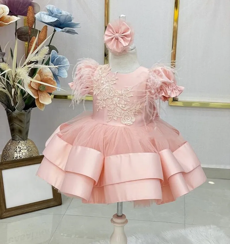 

Pink Tulle Baby Girl Dress 1 Year Birthday Party Gown Toddler Tutu Vestidos Kids Christening Dress Wedding Gown