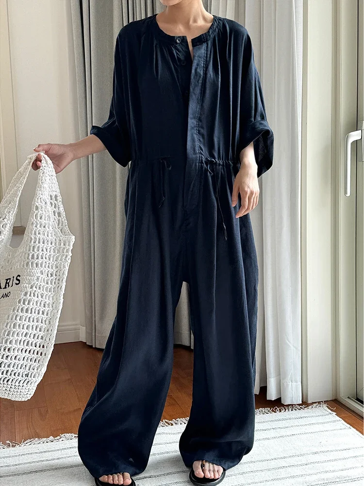 

Linen Sunscreen Jumpsuit for Women Drawstring High Waist Wide Leg Pants Loose Female Clothing 2024 Summer New