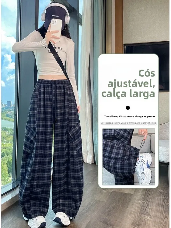 Retro American Cool Wind Checkered Knife  Casual Pants Women's High Waist Loose Cuffed Wide Leg Sports Leisure Trousers