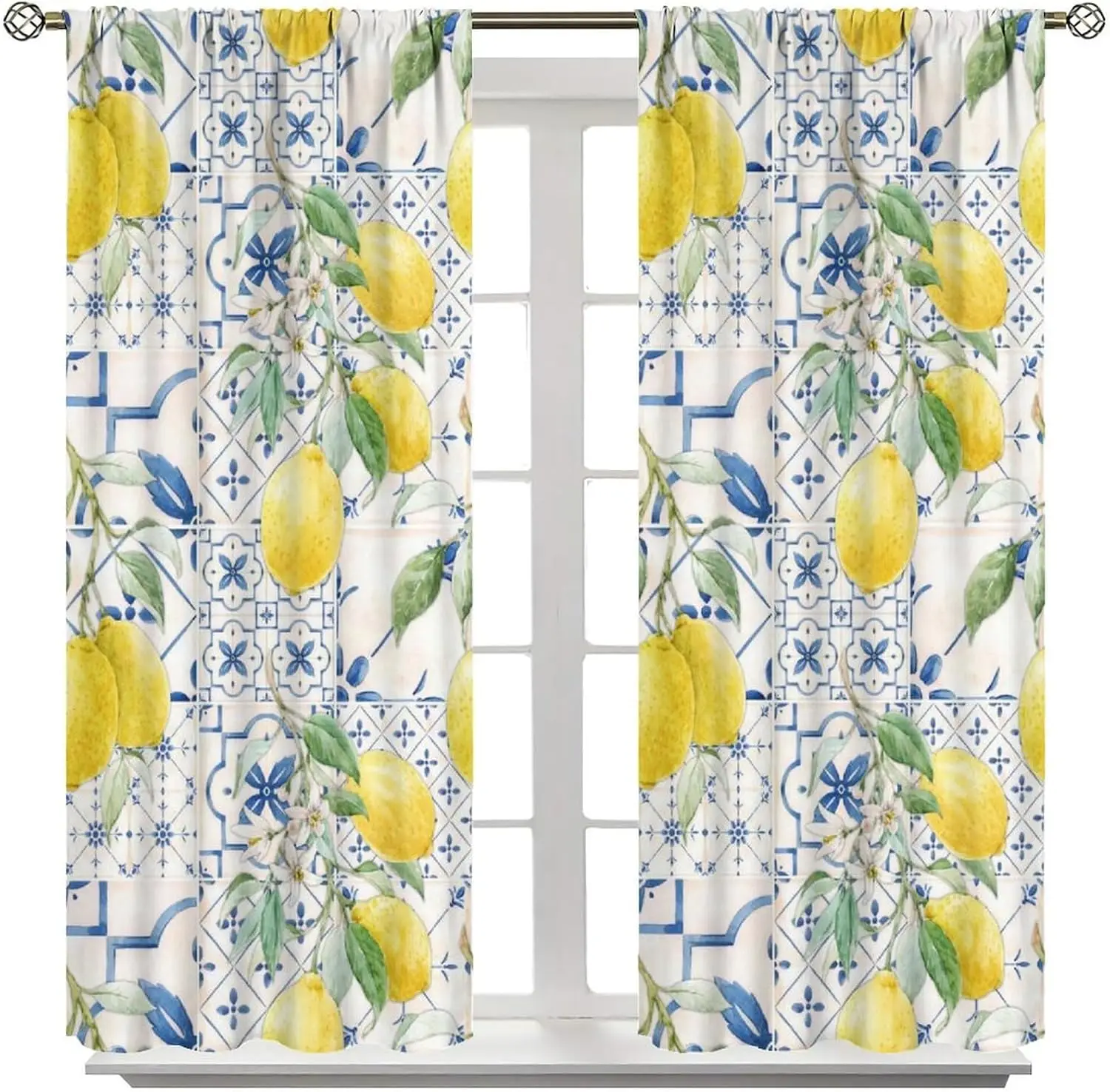 Blue Tiles Lemon Curtains Summer Fruit Chic Traditional Floral Pattern Curtain with Rod Pocket Bedroom Living Room Home Decor