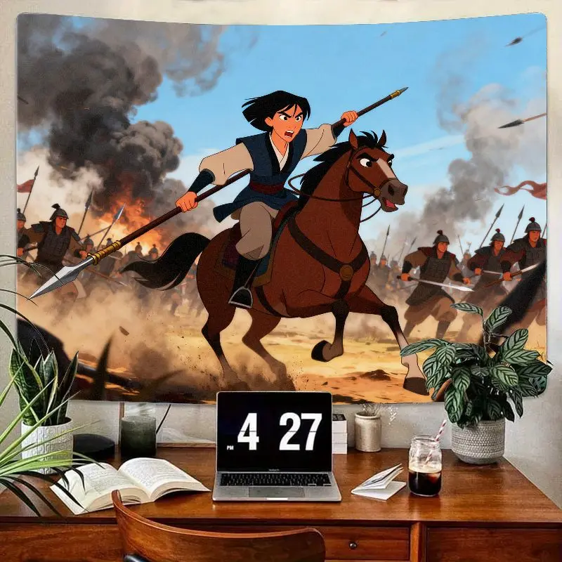 

1 шт. гобелен Fierce Mulan Warrior, настенное искусство для верховой езды с анимированной боевой лошадью, домашний декор из полиэстера для гостиной, спальни, общежития, Epi