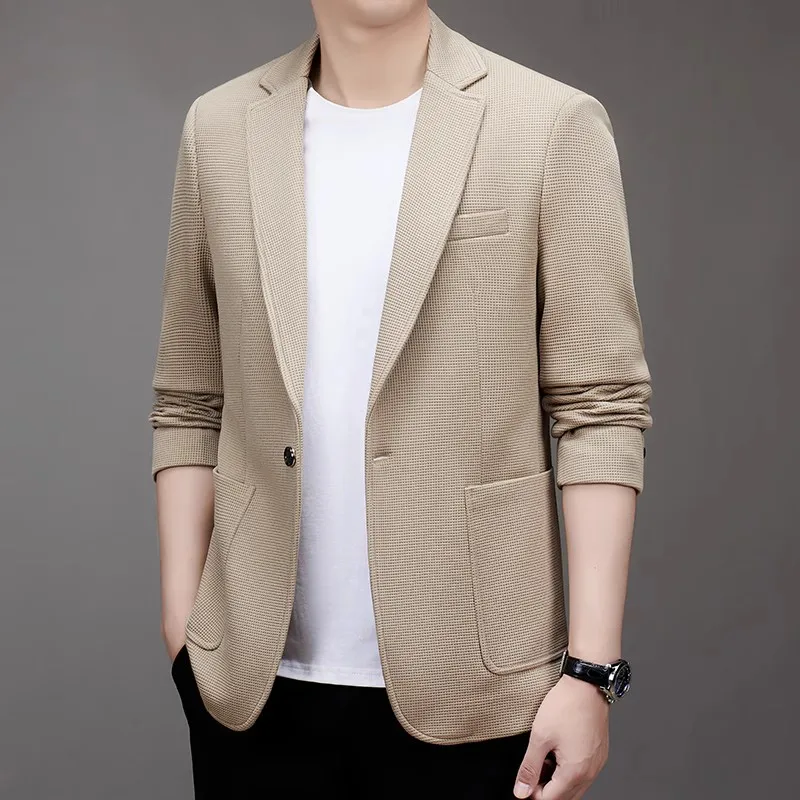 

Мужской деловой повседневный пиджак приталенного кроя на одной пуговице, однотонный, модный, для весны и осени, из полиэфирного волокна