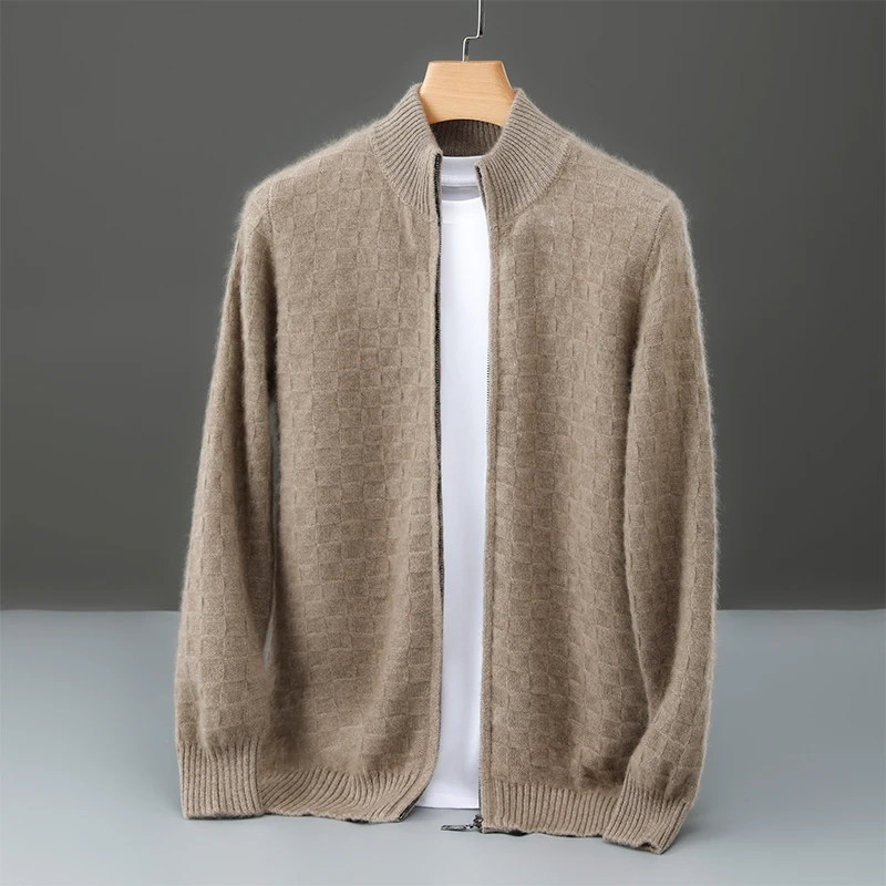 

MVLYFLRT Men's 100% Merino Wool Zipper Semi High Neck Cardigan Winter Thick Warm Casual Business Long Sleeved Knitted Jacket