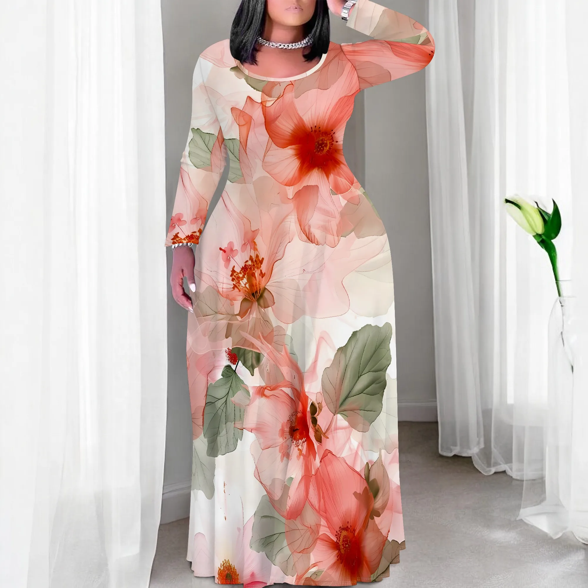 

Nupusa розовое платье с цветочным принтом для женщин, летнее повседневное платье макси с круглым вырезом и длинными рукавами больших размеров