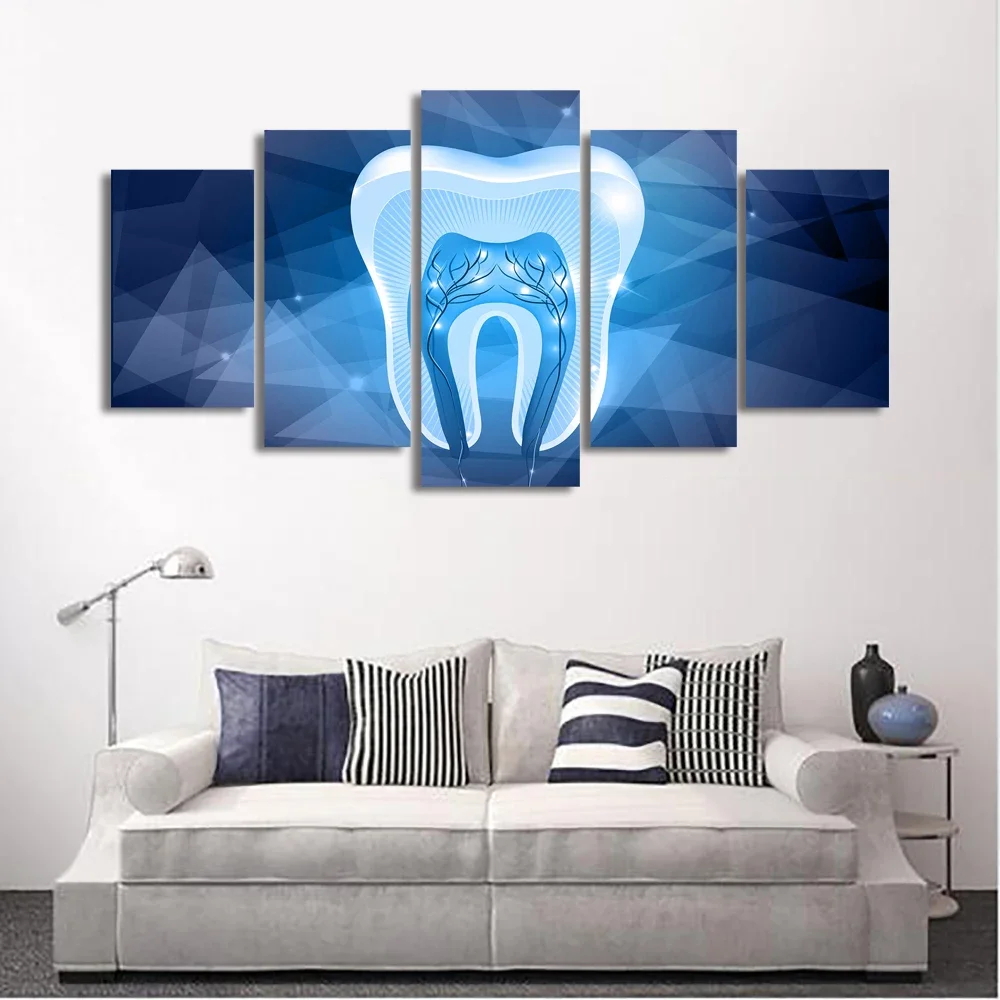 5 Panel Geometric Tooth Dental X-Ray Canvas Painting Wall Art Shining Tooth Posters and Prints for Dentistry Wall Decor No Frame