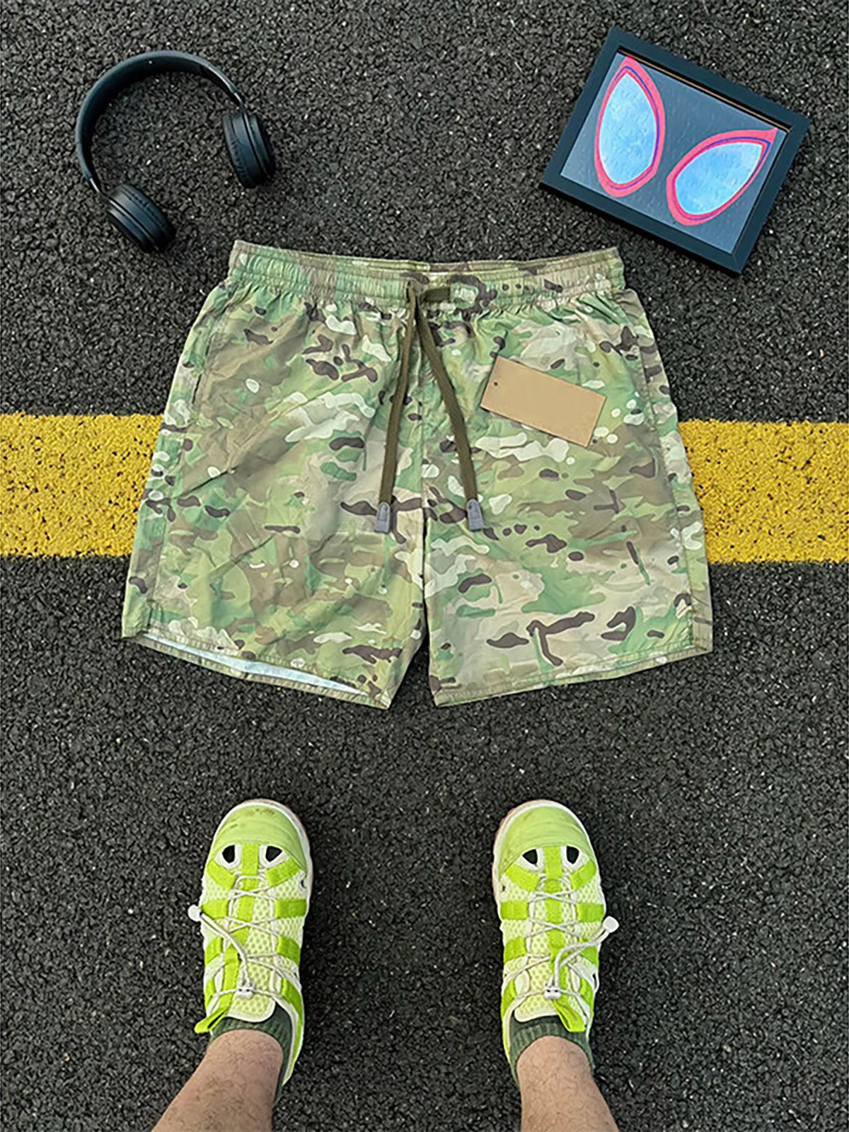 Camouflage Elastic Waist Drawstring Shorts Men's Summer Ice Silk Nylon Quick Dry Sports Straight Casual Four Five Split Pants