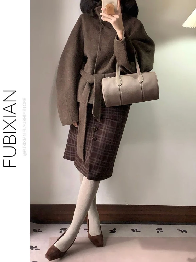 

Ретро-юбка в корейском стиле в клетку из шерсти, женская универсальная облегающая юбка прямого кроя с высокой талией, приталенная, для зимнего сезона, модная