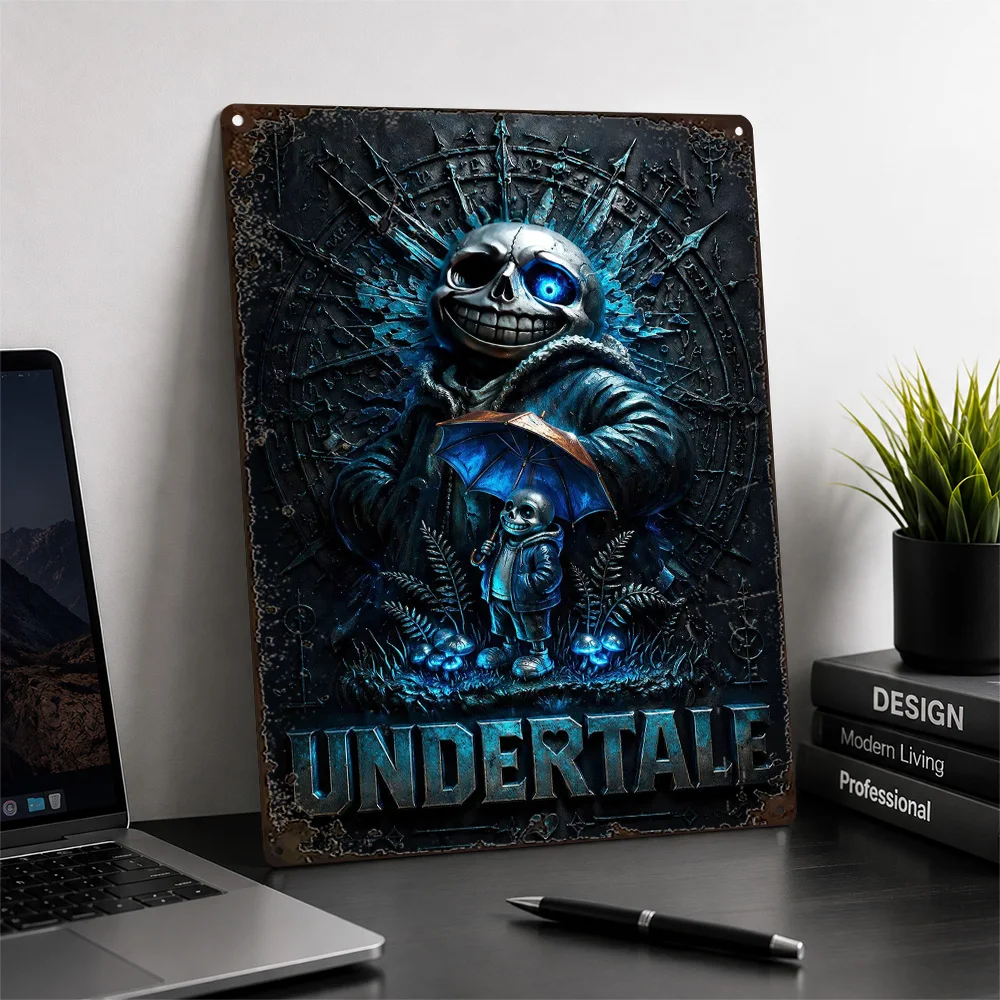 Undertale Sans Skeleton Portrait Textured Metal Poster Sculptural Style Wall Art For Bedroom Customized Aluminum Sign Fan Gift