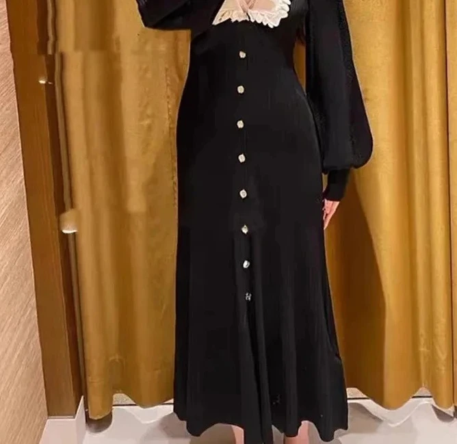 Women black new knitted dress lantern sleeves single breasted decoration evening party midi robe