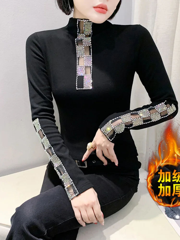 2025 Autumn Winter Thick Brushed New Semi High Neck Hollowed Out Diamond Inlaid Fashionable Slim Fit And Slimming Base Shirt For