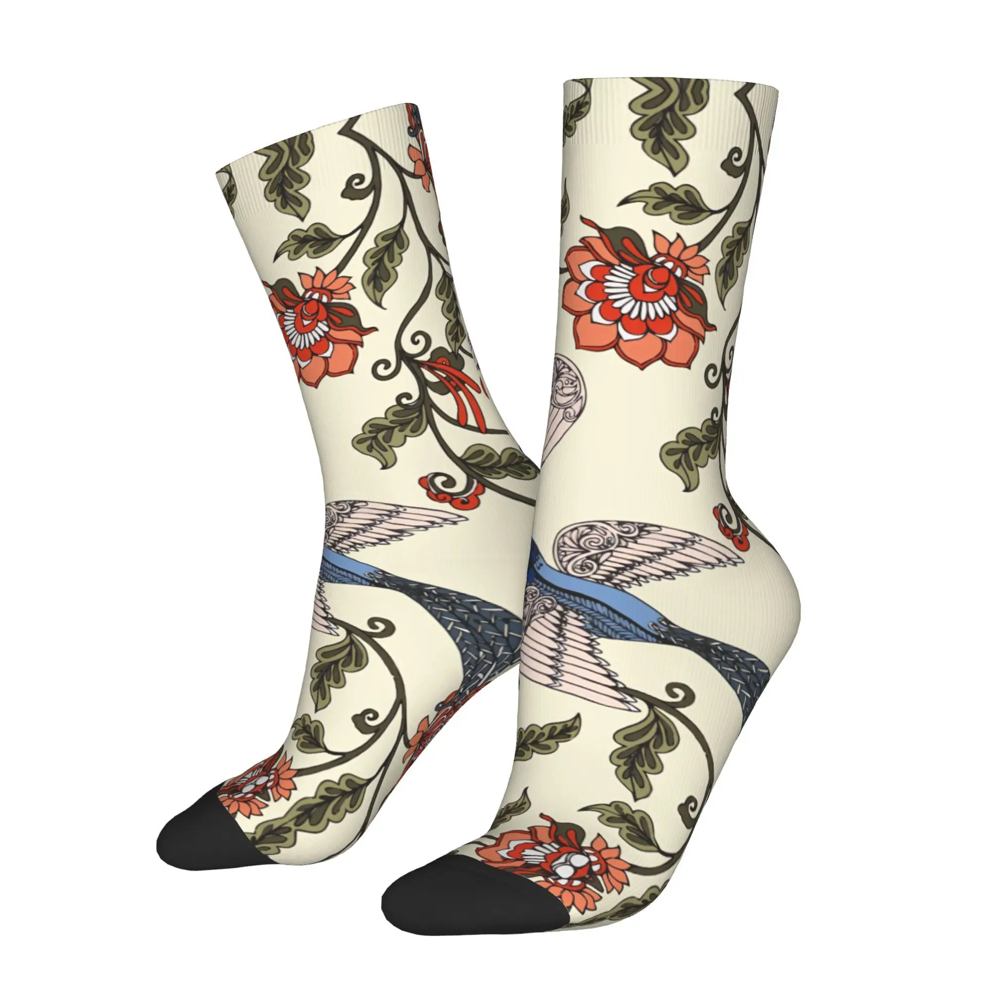 1pc Bird with Flowers Printed Men's Socks  Novelty Hip Hop Harajuku Pattern Crew Sock Casual Gift