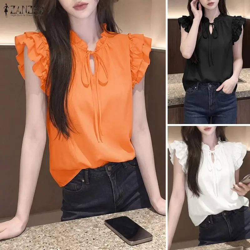 

Stylish Women Sleeveless Tanks Tops ZANZEA Summer Ruffled Blouse Casual Lace-Up Holiday Shirt Mujer Female Elegant Work Camis