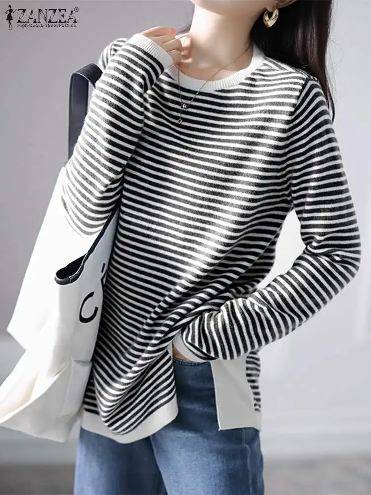 ZANZEA Stylish Women O Neck Long Sleeve Striped Blouse Autumn Fashion Knitted Tops Elegant Jumper Casual Work Shirt Pullover