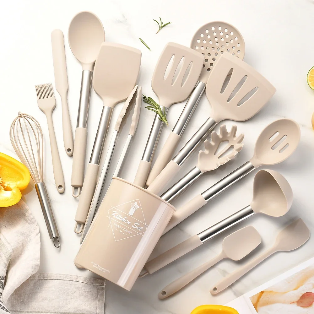 15Pcs Black Silicone Kitchen Utensils Set Non-Stick Cookware Stainless Steel Handle Spatula Egg Beaters Kitchenware Accessories