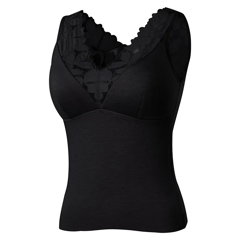 Birdtree 100%Real Silk Warm Elegant Tank Top Women's Thickened Brushed One Piece V-Neck Underwear Lace Sexy Simple Top P3N399QC