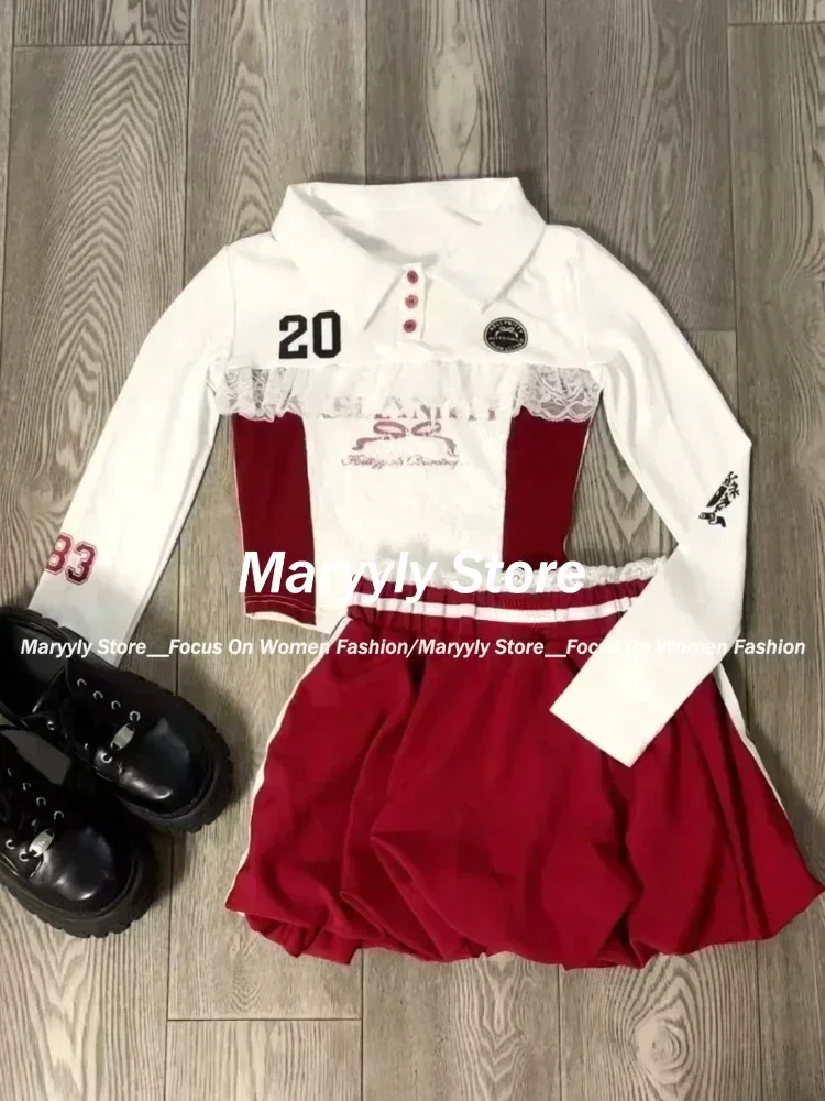 Autumn Y2K Hot Girl Style Skirt Suit Women Polo Long Sleeves Bow Lace Crop Tops + Sexy Street Harajuku Mini Skirt 2 Piece Set