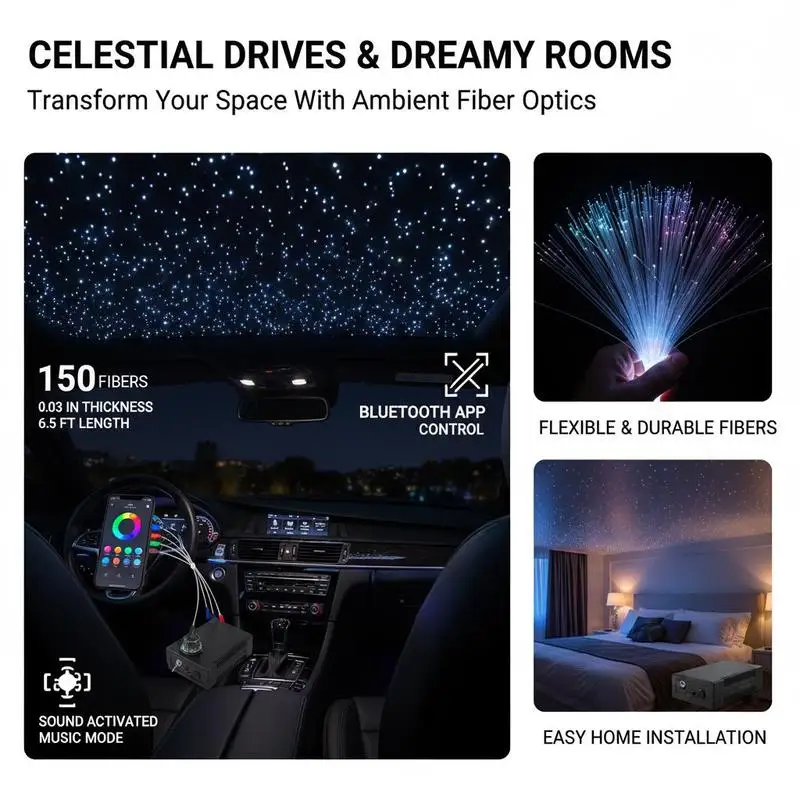 Fiber Optic Star Ceiling Lighting 150pcs 0.75mm 2m For Car Interior Home Cinema Bedroom Decoration Bluetooth APP Remote Control Sound Activated RGBW Light Engine