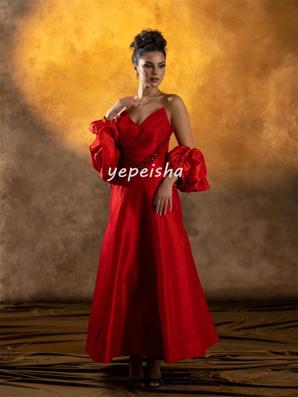 Gaun Midi A-line Off-the-shoulder dengan Payet dan Manik-manik yang Indah, Gaun Malam Elegan, Ukuran Tersedia