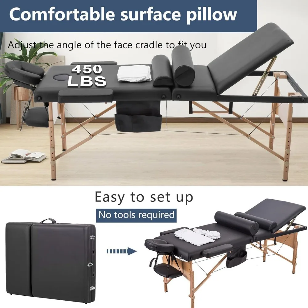 سرير تدليك طاولة تدليك محمولة سرير لاش قابل للطي ارتفاع قابل للتعديل طاولة سبا مع شماعة المناشف وحقيبة الزيت نصف مسند