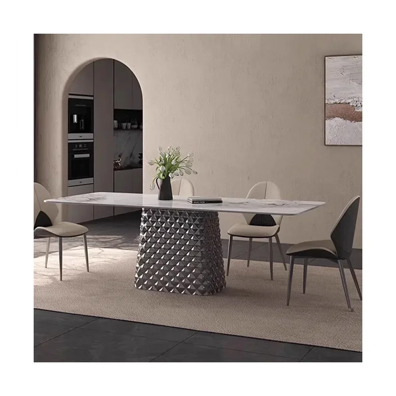 

Elegant and Light Luxury Rock Slab Dining Table and Chairs Set Flat Brown Luxury Dining Room with Seating New