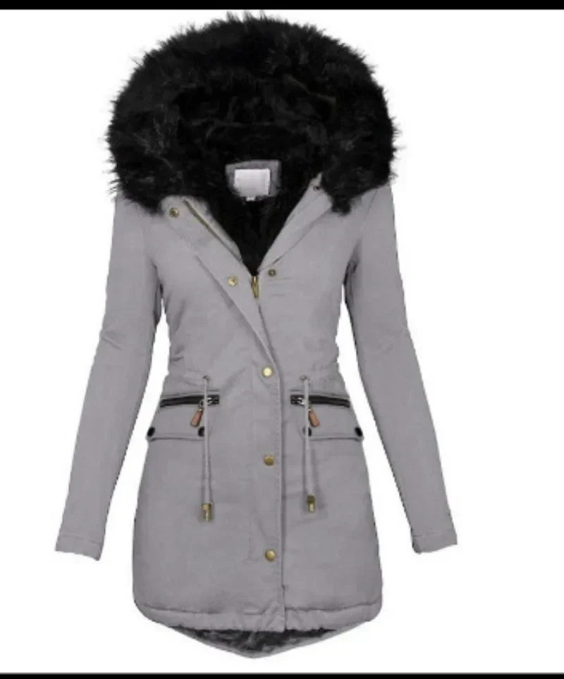 New Slim Fit and Slim Womens Jacket Solid Color Wool Collar Hooded Mid Length Warm Zipper Cotton Coat for Women