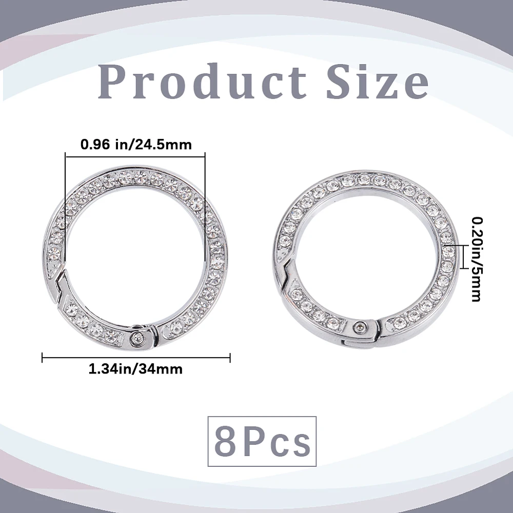 8Pcs Rhinestone O Ring 0.97 Inch Bling Gate Rings Bulk Platinum Round Spring Clips Carabiner Snap Clip Buckle for DIY Jewelry