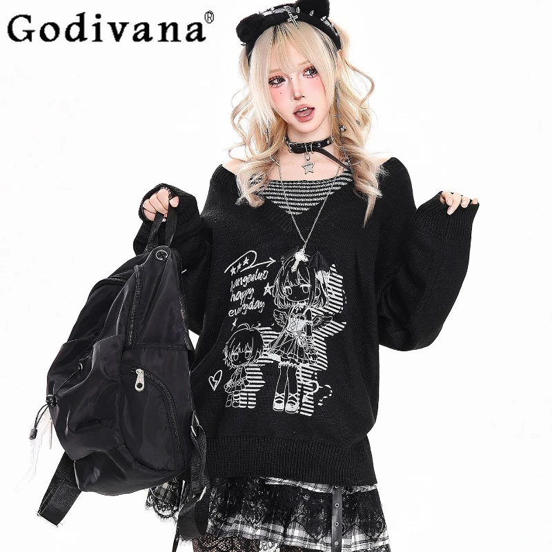 

Субкультура мультфильм девушка узор свитер с открытыми плечами Холтер женские пуловеры осень зима тонкий свободный вязаный топ женский