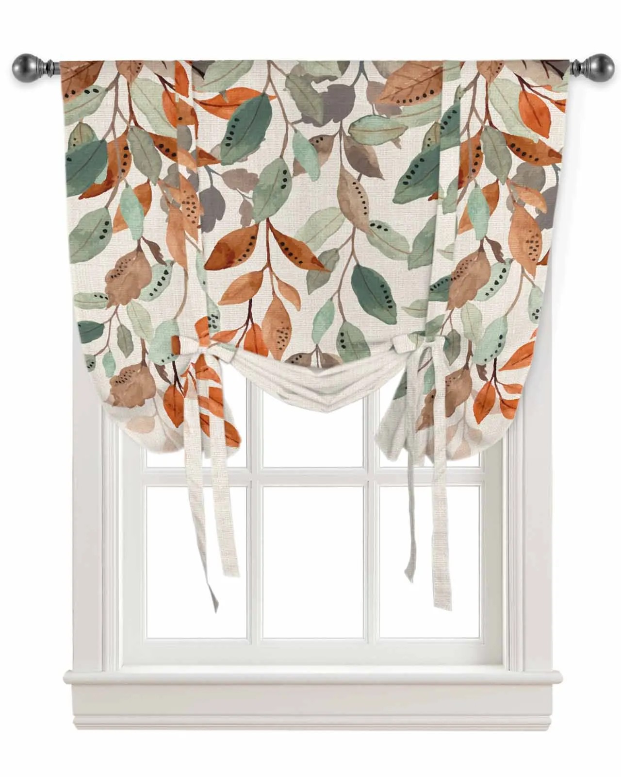 Leaves Plants Pastoral Style Window Curtain for Living Room Bedroom Balcony Cafe Kitchen Tie-up Roman Curtain