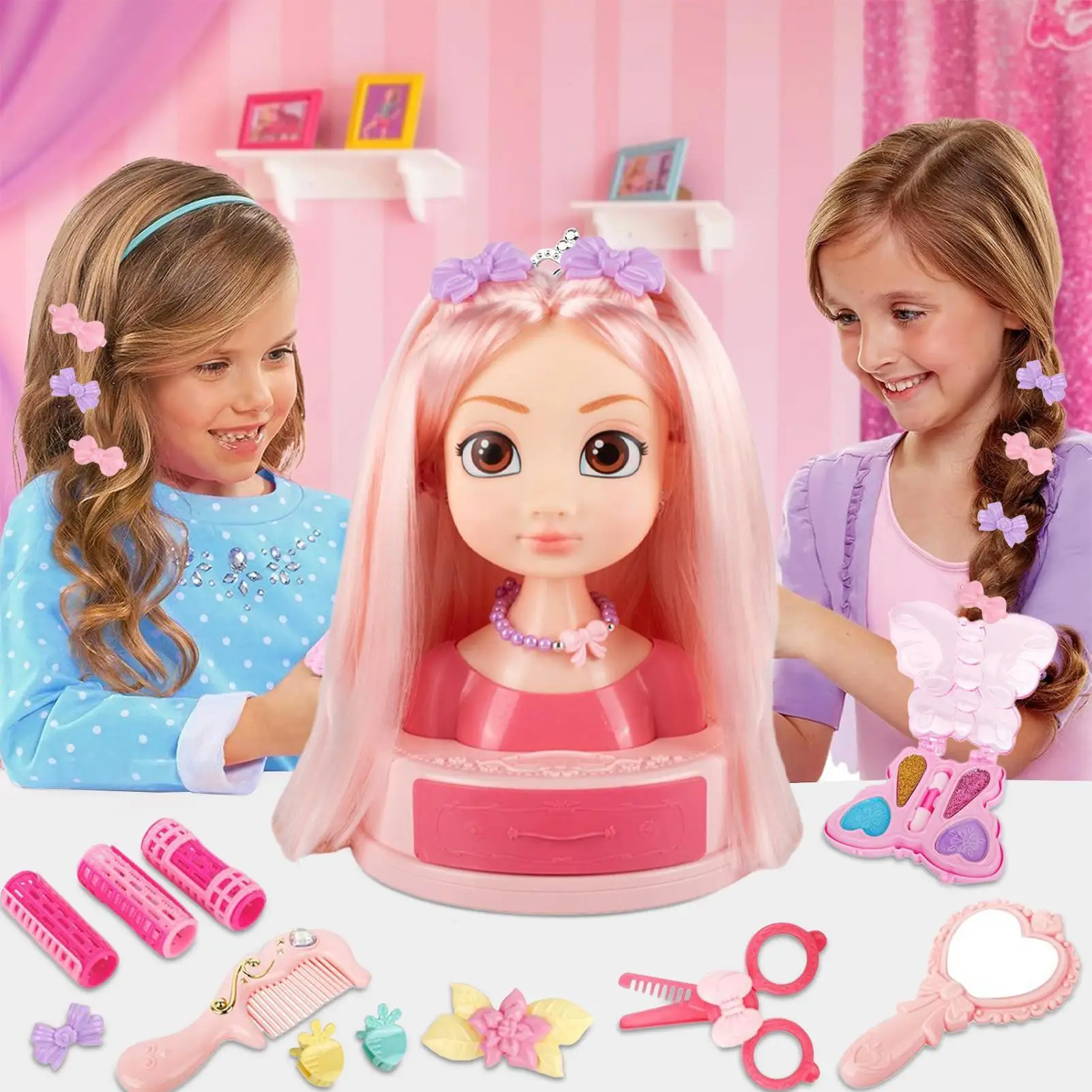 

Hair Salon Girls Toys Hair Styling Doll Head Makeup Kit Hairstyling Dress Up Toy Kit With Ear Studs Curling Irons Hairpin For