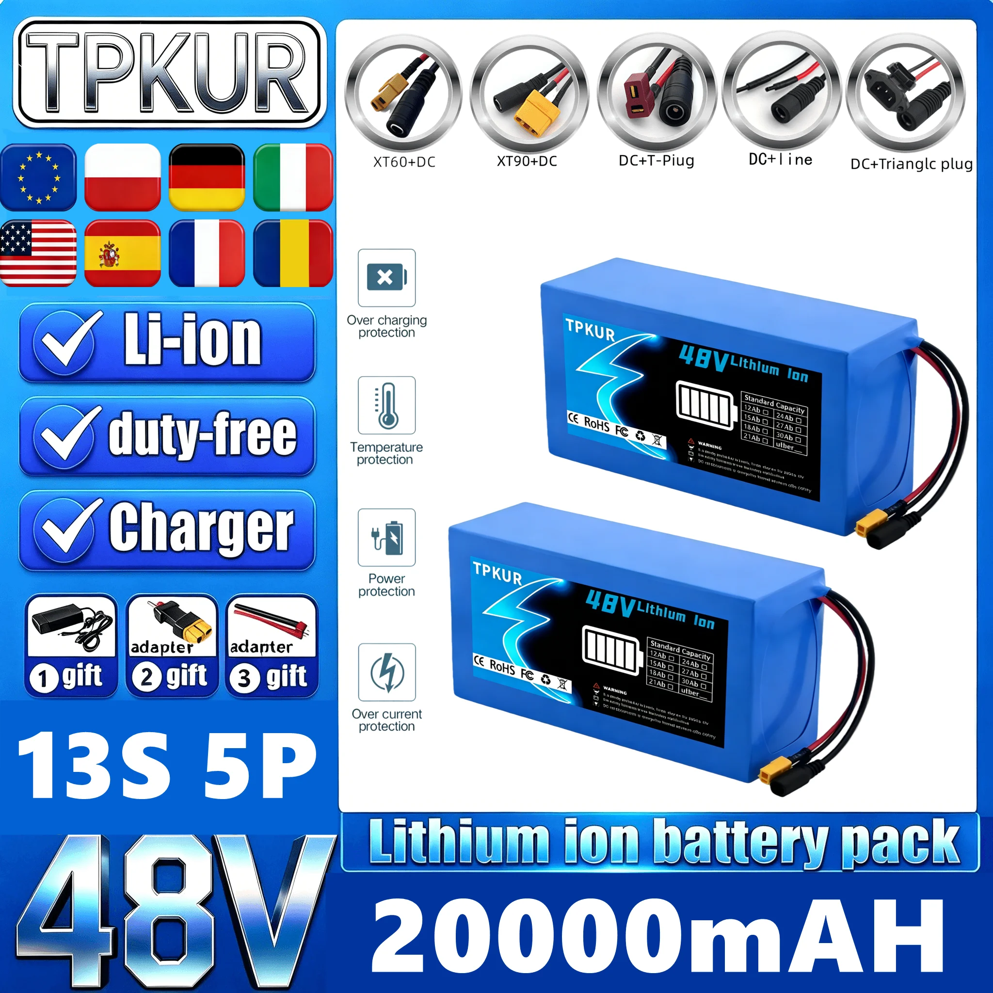 

48V 20Ah 18650 lithium battery pack with 13S 5P built-in intelligentBMS suitable for 300-1500W scooters+fast charger