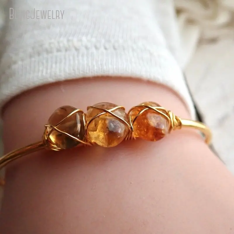 10pcs Tumbled Citrine Cuff November Birthstone Gift Jewelry Healing Crystal Bangle Bracelet Women Stainless Steel Luxury