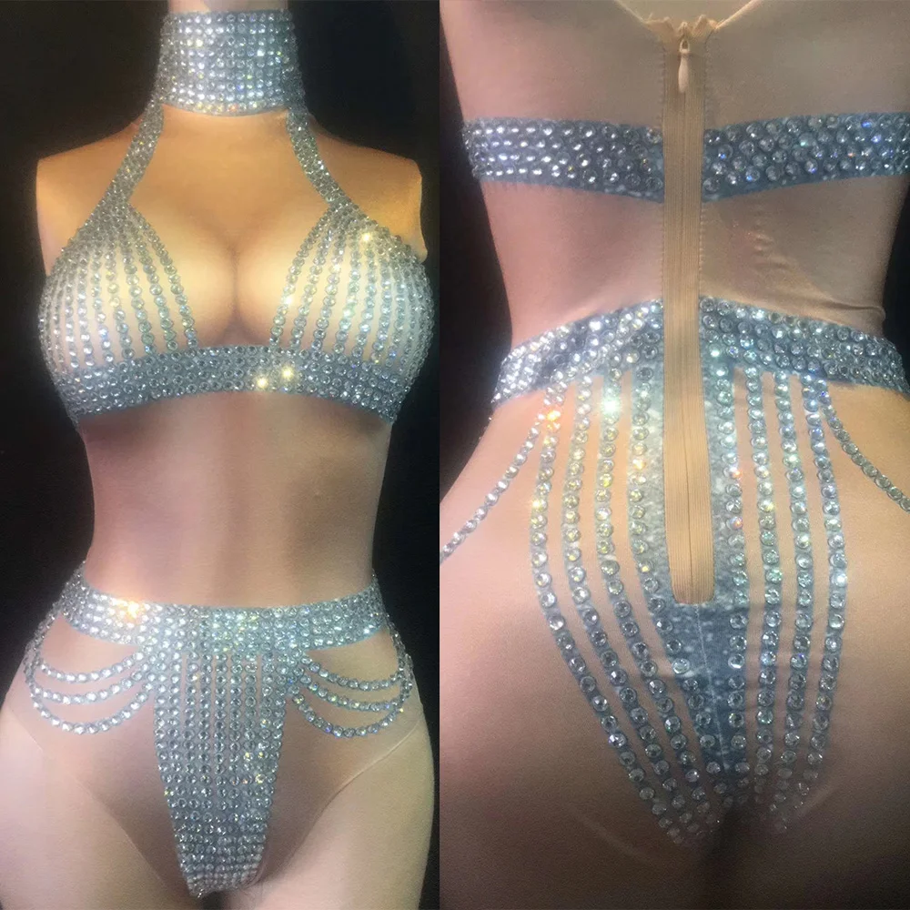 

Bar Nightclub DJ Clothing Pole Dance Wears Nude Shining Rhinestones Bikini Sexy Bodysuits For Women Stage Perform Costumes