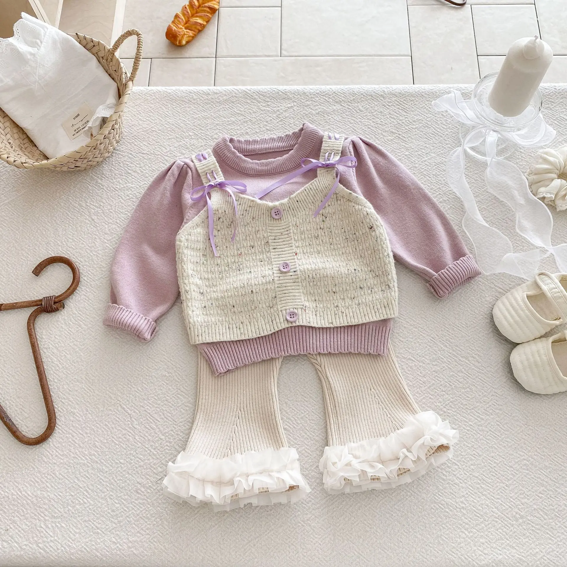 

2025 Autumn New Baby Girl Sweet Bow Knit Sweater + Flared Pants 2pcs Suit Cotton Girls Long Sleeve Knitted Set Toddler Outfits