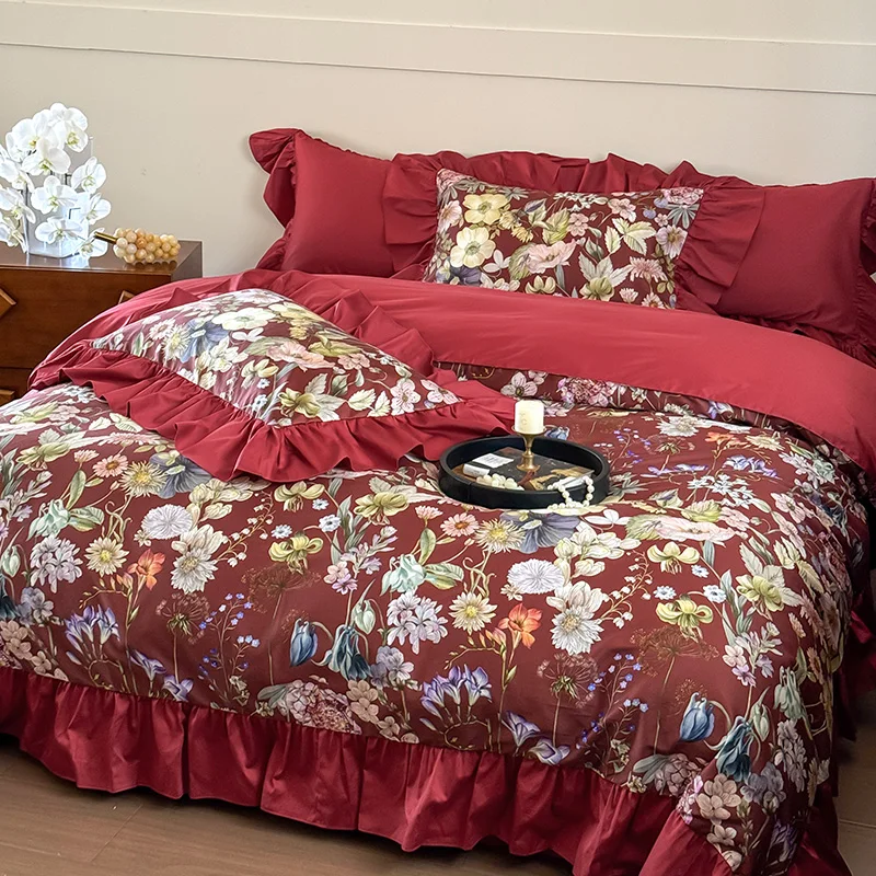 600TC Egyptian Cotton Flowers Print Ruffles Princess Bedding Set Queen King Size Duvet Cover Flat/Fitted Sheet Pillowcases 4Pcs