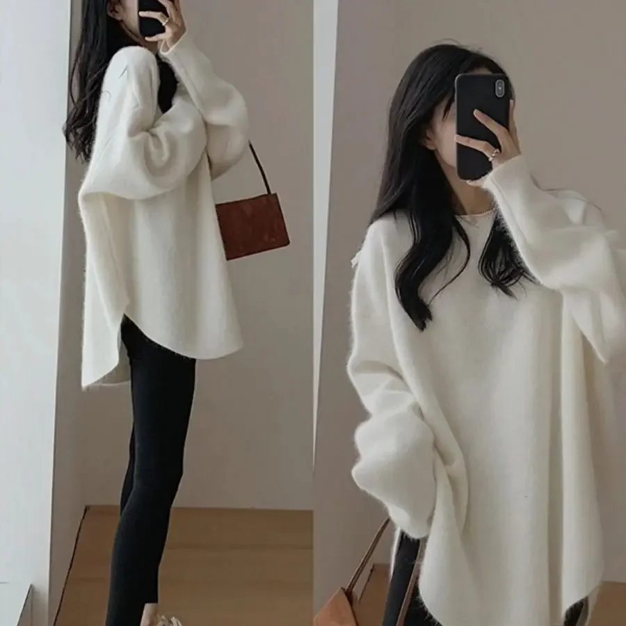 Solid Color Pullover Knitted Sweater Cashmere 2024 Autumn Winter New Women's Thickened Soft Waxy Loose Lazy Style