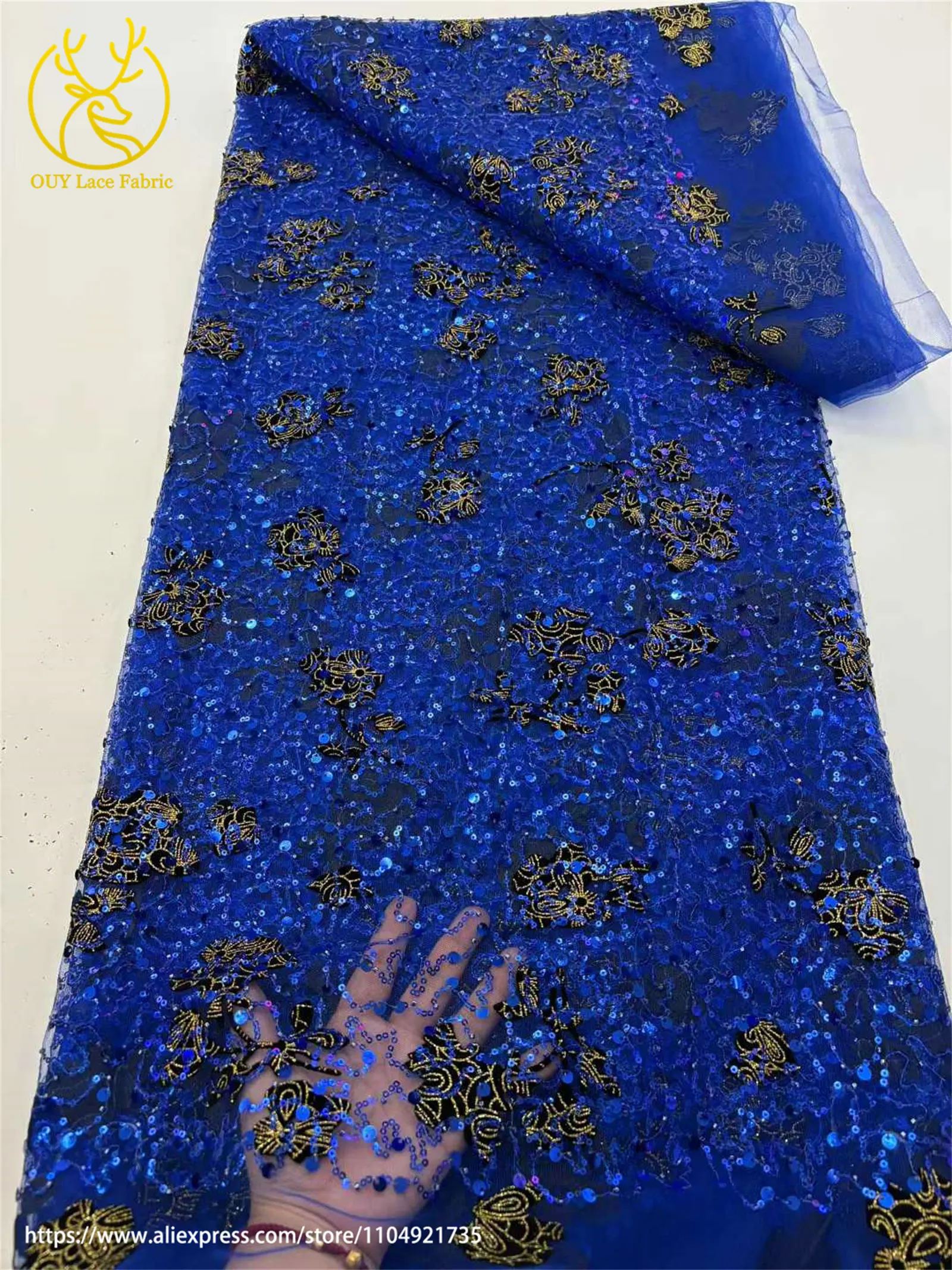 Afrikanischer Pailletten-Spitzenstoff, 2025, hochwertige Bräutigam-Stickerei, französischer nigerianischer orangefarbener Tüll-Spitze, Material für Hochzeit, Party, Kleid – Detail 9
