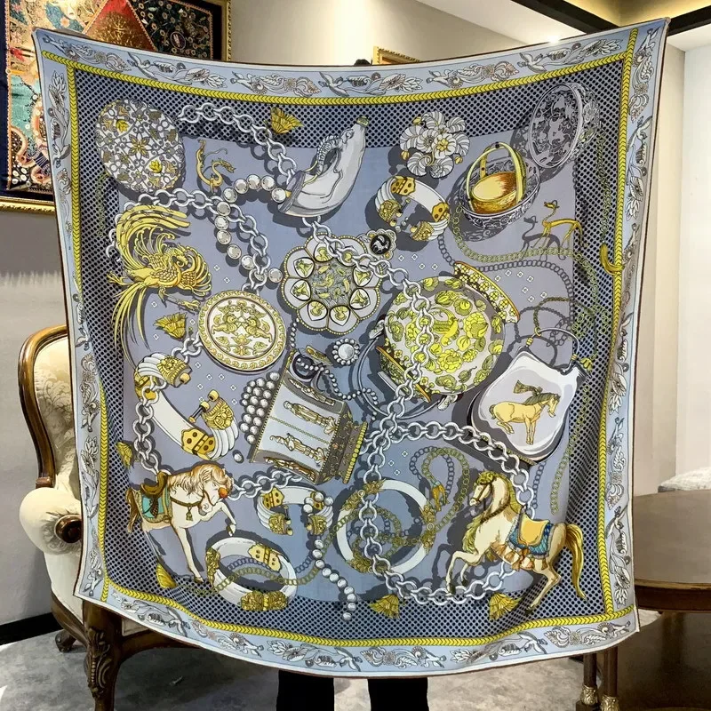 High-end Elegant Women Beautiful Horse Chain Double-sided Print Quality Silk Wool Hand-rolled Edge Warm Large Square Scarf Shawl