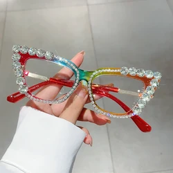 KAMMPT Cat Eye Women Eyeglasses with Rhinestones Stylish Vintage Blue Light Blocking Eyewear Trendy Original Candy Color Glasses