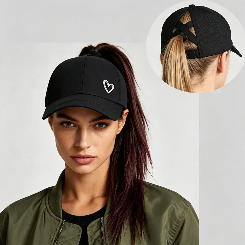 1Pc Love Embroidery Mesh Ponytail Baseball Cap，Distressed Criss-Cross Ponytail Adjustable Outdoor Sun Protection Casual Hat