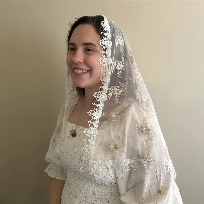 Champagne Ivory D Shape Inspired Embroidered Mantilla Veils Catholic Mass Chapel Women Head Covering Spanish Vintage
