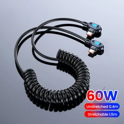 60W Car Spring Data Cable Retractable Elbow Type C To Type C Fast Charging Cable for iphone 15 16 Samsung Dual Type C Cable