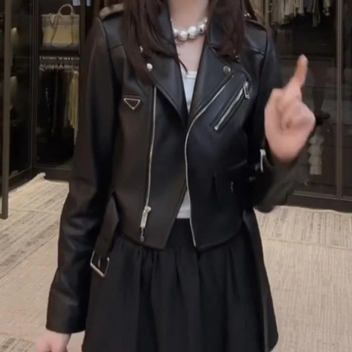 High Waist Genuine Leather Jaet Women's Biker Sle Suit Collar Jaet Spring Autumn Mutton Skin Long Sve Zipper Closure