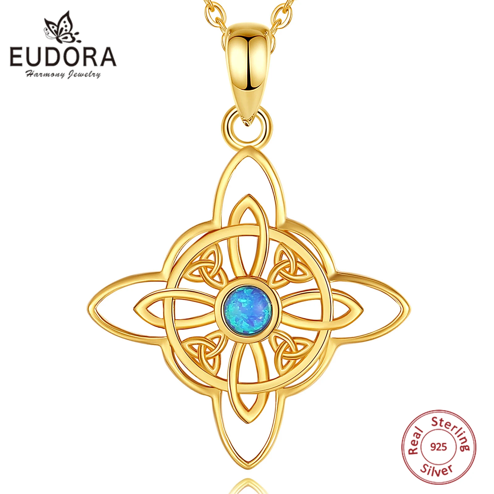 

Eudora Original 925 Sterling Silver Witch Celtic Knot Necklace Men Women 18K Gold Opal Witchcraft Amulet Pendant Wicca Jewelry