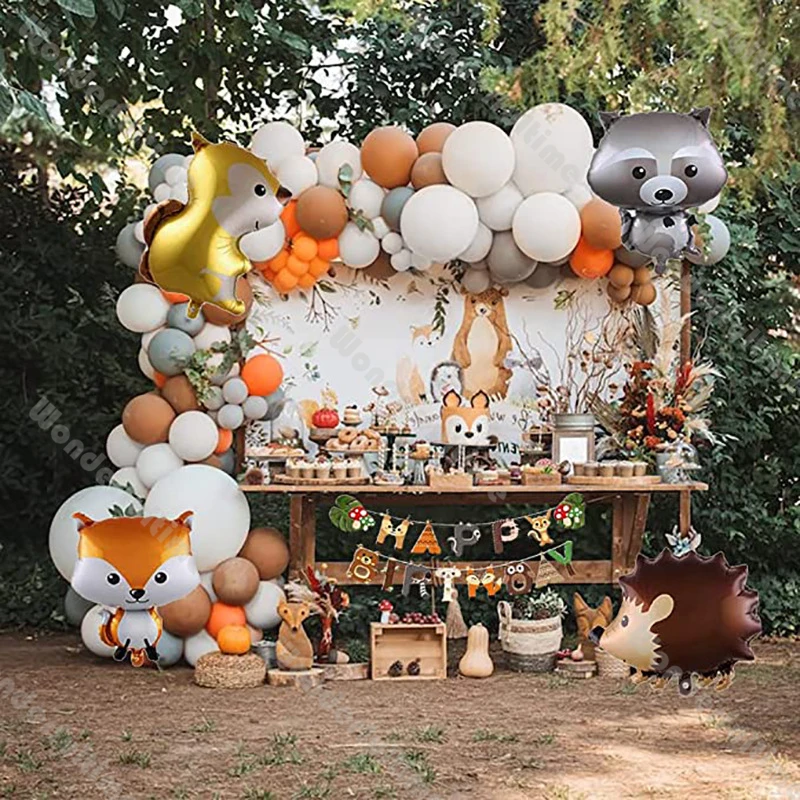 Balloons Garland Arch Kit Animal Birthday Balloons Decoration Baby Shower Decor Fox Hedgehog Brown Raccoon Squirrel Foil Globos