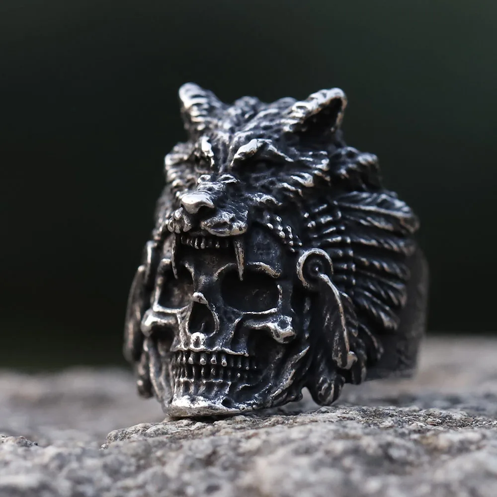 2023 new New Design vintage Stainless Steel skull and Wolf Head viking Ring For Men Special Design fashion punk Jewelry