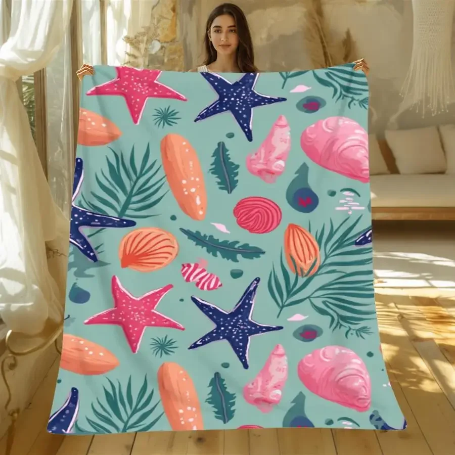 1pc Premium Warm Flannel Blanket with Cheerful Coastal Seashell And Starfish Pattern, Soft Mint-Green Decorative Throw for All