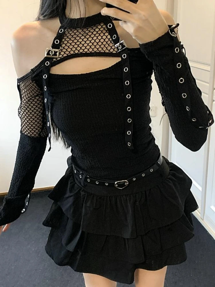 Nuovo gotico punk scuro grunge a rete set da 2 pezzi donna design patchwork Y2k top + gonne moda nero vintage streetwear autunno
